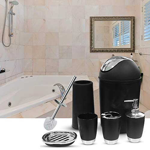 WOOPOWER 6pcs Bathroom Accessories Set, Including Toothbrush Holder, Waste Bin, Soap Dish, Toilet Brush, Rinse Cup, Sprayer Bottle, for Home, Office, Apartment, Hotel etc (Black)