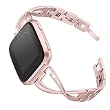 bayite For Fitbit Versa Bands for Women, Stainless Steel Bling Replacement Band Bracelet with Rhinestones Diamond X-Link for Fitbit Versa Accessories Watch Band