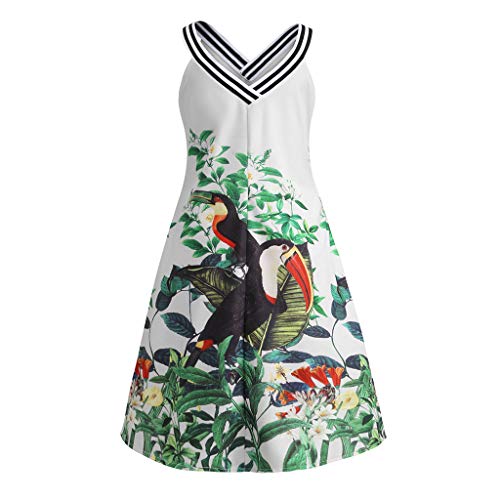 Sagton Women A-Line Flare Tank Mini Dress V Neck Floral Bird Print Cocktail Sundress White