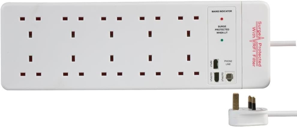 PRO ELEC PELB1641 10 Gang Surge Protected Extension Lead White 2m