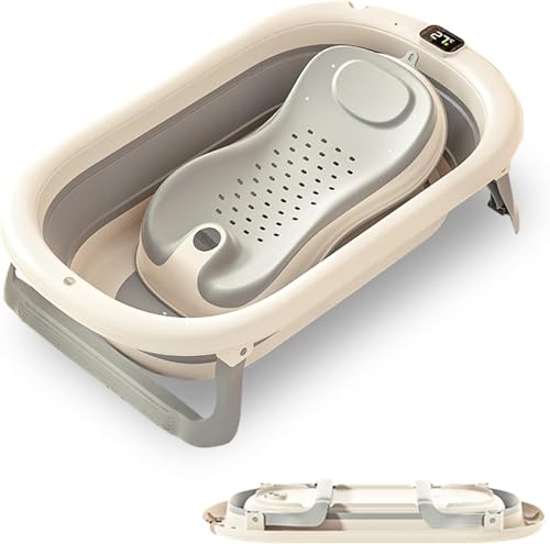 Foldable Baby Bath Tub with Seat, Portable Infant Bathtub, Drain Hole and Thermometer, Anti-Tip Legs, Non-Slip Shower Basin for 0-8 Years Boy Girl