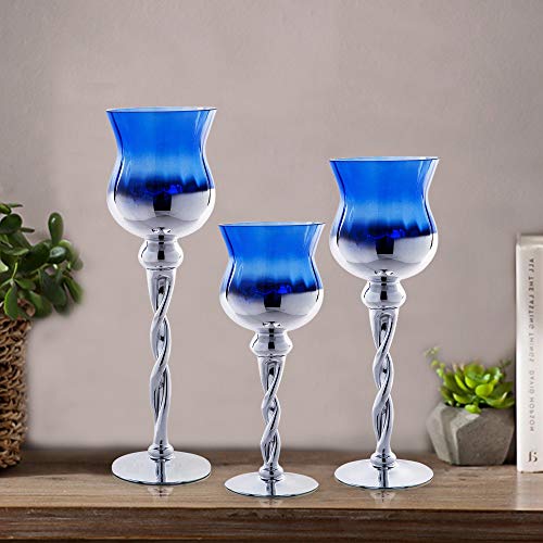 Tulip Hurricane Candle Holders Set of 3, Blue & Silver Glass Twisted Long Stem for Tealight, Votive and Pillar Candles - Home Decor, Wedding Accent, Event or Party Centerpiece - Thumbnail 3