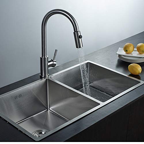 FChome Modern 11 Gauge Stainless Steel Kitchen Sink Double Bowl with Overflow,32 inchx18 inchx8.7 inch Deep Kitchen/Bar Sink Drop-In Bar or Utility Sink,Brushed stainless steel
