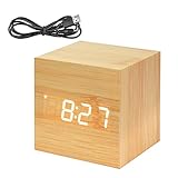 Powstro Clock Modern Wooden Cube Design Digital LED Desk Alarm Clock Voice Control Thermometer Timer Calendar