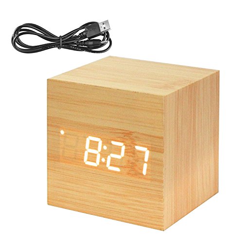 Powstro Clock Modern Wooden Cube Design Digital LED Desk Alarm Clock Voice Control Thermometer Timer Calendar