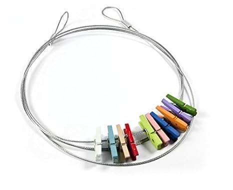 Fotoseil mit bunten Holzklammern 150cm lang, 2 Ösen zur Befestigung, 10 x farbige Wäscheklammern aus Holz 25 mm - präsentiere