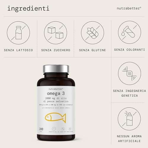 Omega 3 Olio di Pesce da 2000 mg | 200 Capsule Softgel | 600 mg omega - 3 Puro + Vitamina E | Cuore, Vista, Funzione Cerebrale | Qualità Testata | Fish Oil Omega3 | Integratore Omega 3