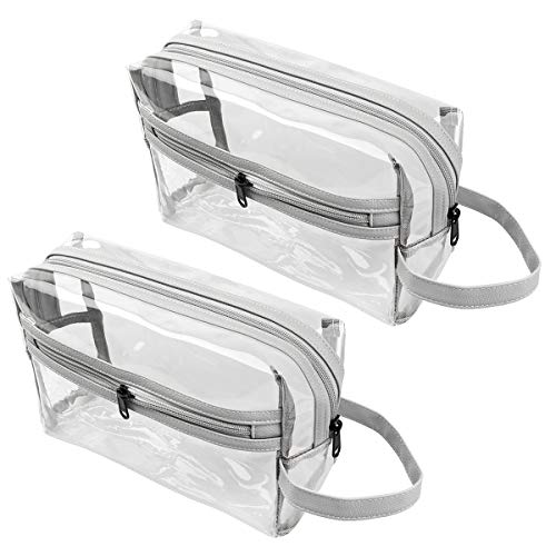 Heavy Duty Clear Toiletry Makeup Bags Transparent Shaving Bag Water Resistant Cosmetic Bag Organizer Pouch for Travel with Zipper and Handle (2 PCS Grey)