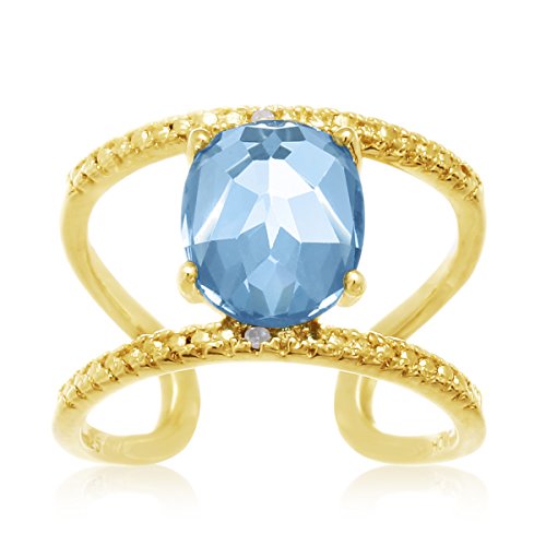 14K Yellow Gold Over Sterling Silver 3 Carat Blue topaz and Diamond Open Shank Ring, Adjustable