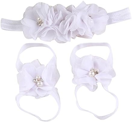 XCSSKG3 Pieces A Set Cute Baby Girls Toddler Flower Hairband Headband Flower Barefoot Sandal/Shoes Set Children Accessories (White)