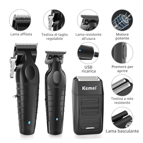 KEMEI Professional Men's Hair Clipper Cordless Hair Clipper with T Blade, Foil Razor, Electric Shaving and Cutting Kit with 11 Guide Combs