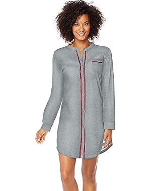 Women's Mandarin Collar Sleep Shirt, Heather Gray w/Brick, S