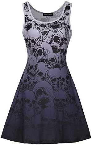 Bangerdei Women's Skull or Bat Print Sleeveless Flared Tank Dress Skater Dress Grey2 M