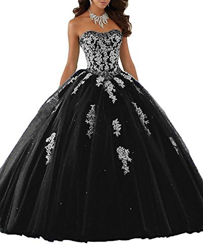 Yunshan Women's Beaded Appliques Ball Gown Quinceanera Dresses Sweetheart Long Lace Debutante Dress Black US4