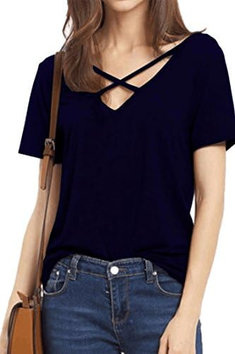 Timemory Women's Summer Tops Bandage Solid V-Neck Casual T Shirt Nevy Blue M