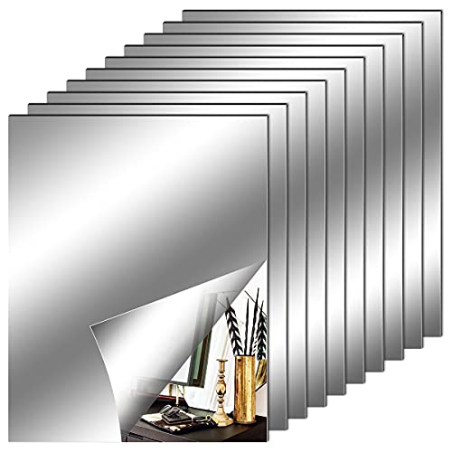 Fantasyon 10 Pieces Flexible Mirror Sheets, Self Adhesive Decorative Plastic Mirror Tiles Non-Glass Mirror Stickers for School Educational and Home Wall Decor(10x12 Inch)