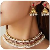 Lenjicons Traditional Indian Jewelry Set Vintage Indian Jhumka Earrings Faux Pearls Rhinestone Choker Necklace Bohemian Ethnic Necklace Earring Set Wedding Party Prom Jewelry for Women(3pcs)
