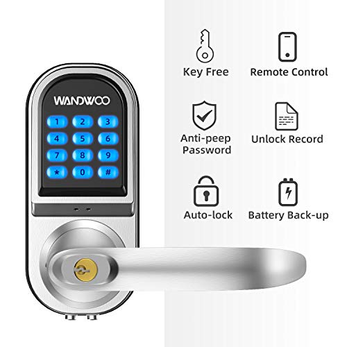 [2019 New]Smart Lock, Wandwoo Electronic Door Locks with Bluetooth Mechanical Keys Auto Lock Enabled Anti-peep Code Adjustable Hand for Office Hotel Home Garage Apartment Silver