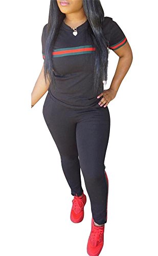 Molisry Women 2 Pieces Sweatsuits Short Sleeve Crop Top Side Striped Slimfit Pants Outfits,Ablack,XX-Large - Thumbnail 3