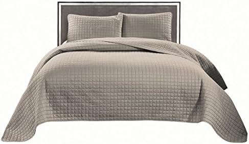 Aladdin Home PERWASHED 3Pc Quilted Coverlet Set with Stitched Pattern ,Solid Color,Queen,Khaki