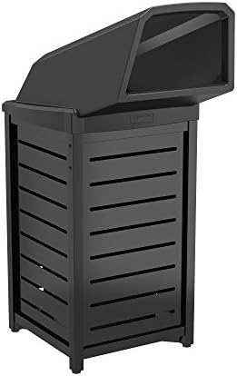 Suncast CommercialProducts 30-Gallon Metal Outdoor Trash Can with Chute Lid, Adjustable Feet, and Removable Liner, Covered Design, Black