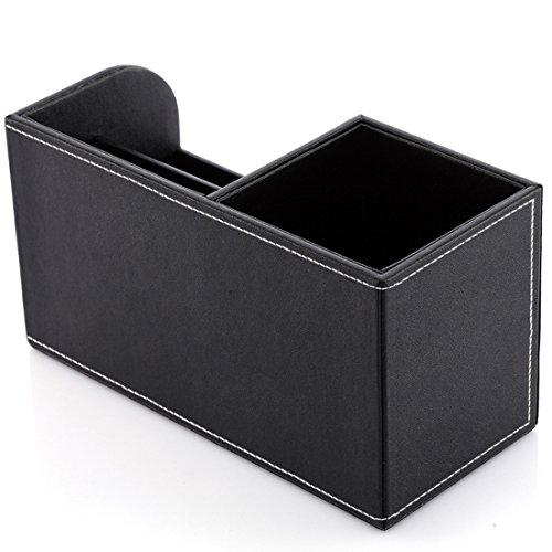 Zubita Multi-Functional Pencil Holder, Office Desk Organizer PU Leather and Wood Business Cards Holder and Pen Container Desk Supplies Organizer for Pens Pencils Mobile Phone and Cards ( Black )