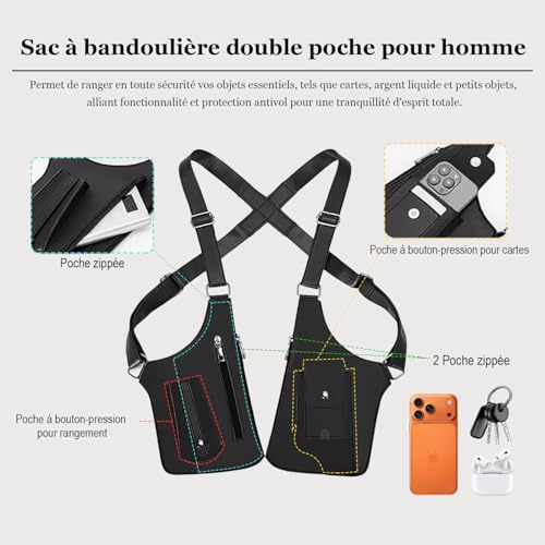 gresonic Men's Double Leather Crossbody Bag for Under Armpits, Adjustable Shoulder Bag with Low Magnetic Attraction and Anti-Theft Design Discreet
