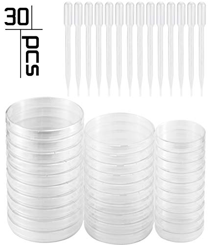 UPlama 30PACK Petri Dish Set with Lids, 10PACK 90mm x 15mm/10PACK 60mm x 15mm/10PACK 100mm x 16mm Sterile Plastic Petri Dish Set with 100 Plastic Transfer Pipettes (3ml) Perfect Kit