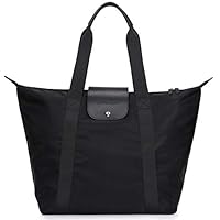 GoPenguin Large Beach Tote Bag for Women, Nylon Foldable Travel Shoulder Bag with Zipper, Top Hanlde Black