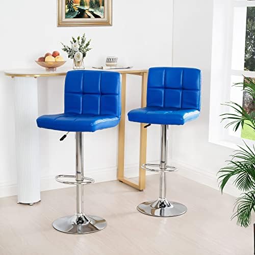 Elle Adjustable Bar Stools Set of 2, Swivel Bar Chair Leather Blue Bar