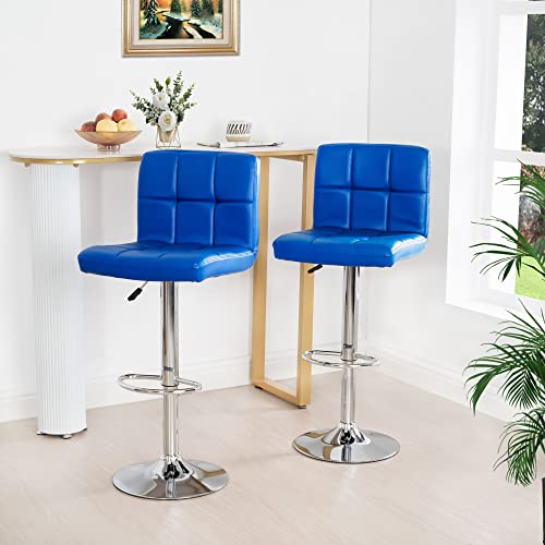 Elle Adjustable Bar Stools Set of 2, Swivel Bar Chair Leather Blue Bar