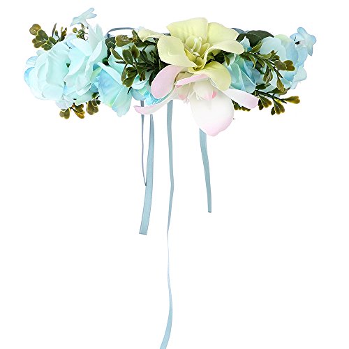 Felice Arts Handmade Boho Flower Headband Hair Wreath Halo Floral Garland Crown Headpiece with Adjustable Ribbon Festival Wedding Party, Blue