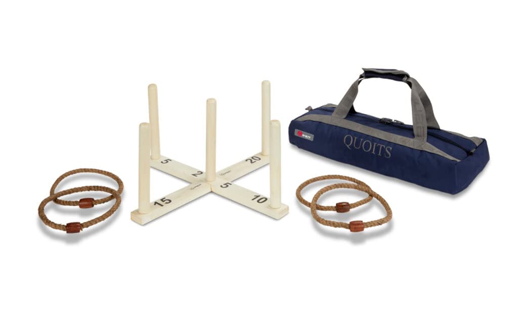 Uber Games - Wooden Quoits Set - Traditional Lawn Game - Pine Wood Base & Pegs - Rope Throwing Hoops - Canvas Bag Included
