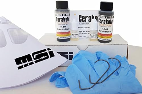 Burnt Bronze and Graphite Black Oven Cure, MSI Ceramic Firearm Paint Combo Bundle, 8 items: 2-45ml Cerakote Paint, Catalyst, Strainer, Gloves, Hanging hook, instructions and video Factory Warranty