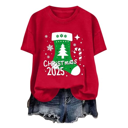 Merry Christmas Shirts for Women Cute Graphic Tees Holiday Short Sleeve T Shirt Tops Womens Crewneck Tshirts Ugly Xmas Gifts 2025 Gnomes Snowflakes Wine Glasses Snowman Tree Elk Santa Print T-Shirt