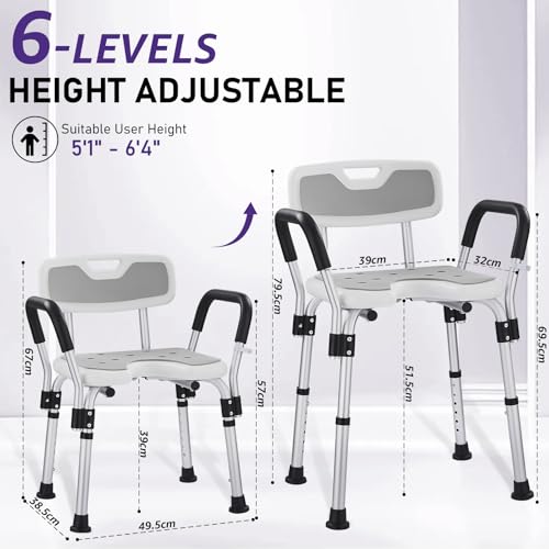 KSITEX Shower Chair for Elderly U 6 Height Adjustable Stool Armrests, Aluminium Bathtub Chair with Non-Slip Seat for Indoor Shower, Non-Slip Safety up to 150 kg