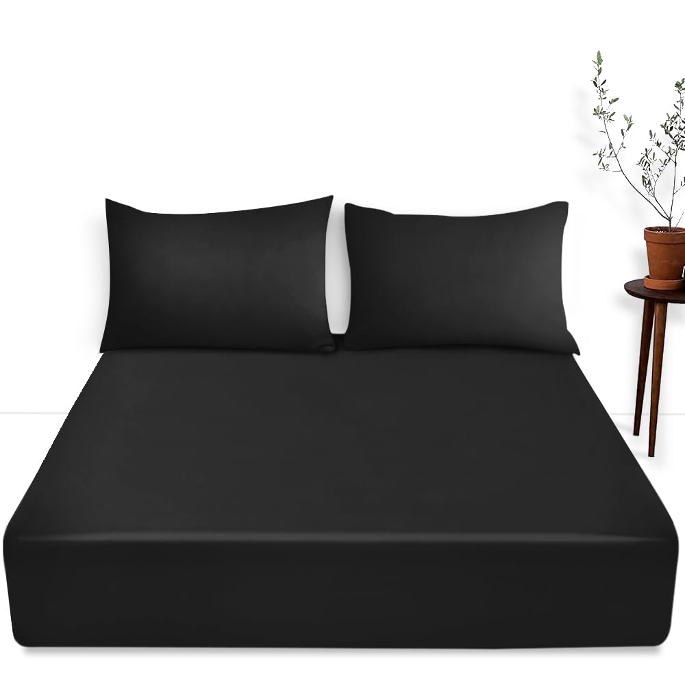 Super Soft Plain Dyed Deep Fitted Sheet King Size - Comfortable & Fade Resistant Bottom Sheet - Deep Bedding Sheet Black