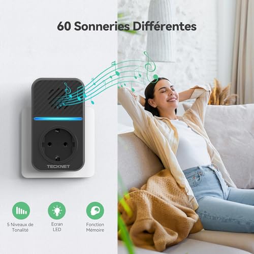 TECKNET Wireless Doorbell Kit, 400 m with 2 Receivers | 5 Levels Self-Powered Wireless Door Volume with 60 Melodies, IP65 Chime Kit with Tomas USB Externas y Luz LED