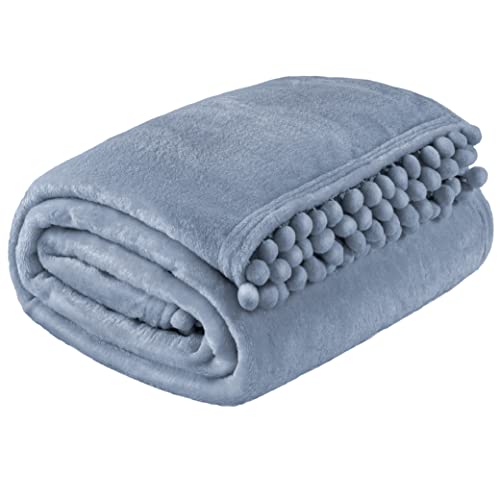 PAVILIA Pom Pom Blanket Throw, Slate Dusty Light Blue Soft Fleece