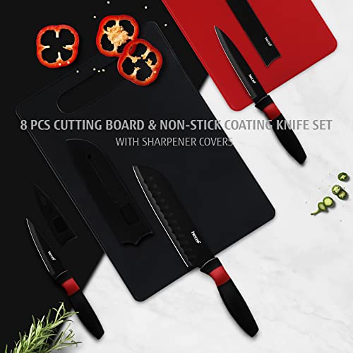 hecef 3 Pieces Kitchen Knife Set with 2 Cutting Boards & 3 Protective Sheaths, Non-Stick Black Knife Set with Sharpener Cover, Cutting Boards and Chef Knives for Kitchen, Dorm, Travel