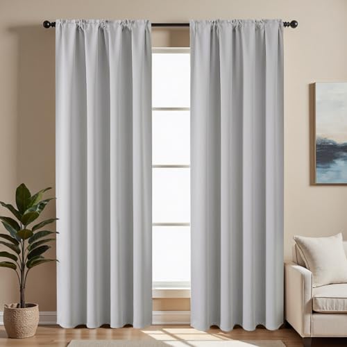 CUCRAF Blackout Curtains Room Darkening Window Curtain Panels, Rod Pocket Thermal Insulated Solid Drapes for Bedroom Living Room, Set of 2 Panels. 52 x 63 inch, Graywish White