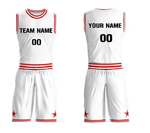 Front & Back Personalized Basketball Jersey Set Team Uniform Round Neck (White+Red)