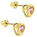 18k Yellow Gold Plated Heart Bezel Hot Pink Crystal Screw Back Stud Children's Earrings