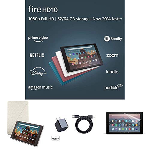Fire HD 10 Tablet (64 GB, White, AdSupported) + Amazon Standing Case