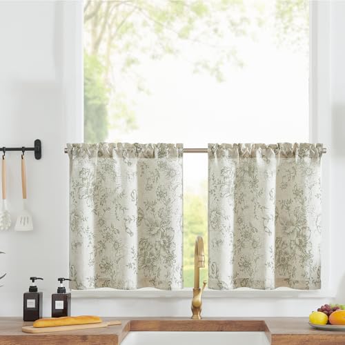 Floral Linen Tier Curtains 24 Inch Length 2 Panels