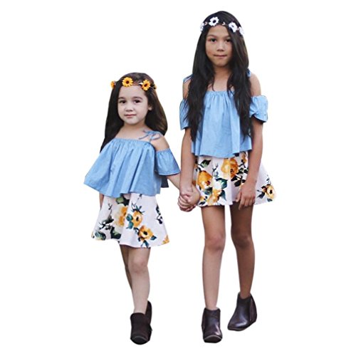 Little Girl Summer 2Pcs Outfits, Toddler Kids Baby Off Shoulder Tops + Floral Strap Skirt Dress Clothes Set (Blue, 2T)