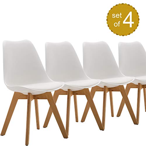 Dining Chair Set of 4, Modern Style Side Chairs Mid Century Modern Kitchen Chairs, Lounge Leather Chair for Kitchen, Dining, Bedroom, Living Room (White)