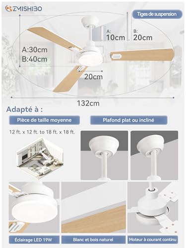 ZMISHIBO Ceiling Fan with 52" LED Light, Remote Control, 2 Rods, 3000K-6000K, Reversible DC Motor, Quiet, 6 Speed, Timer (White+Walnut)
