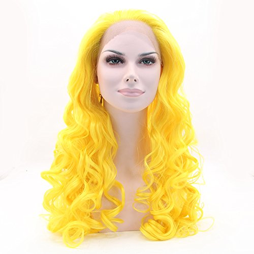 Silmei Bright Natural And Soft Heat Resistant Synthetic Fibers Ombre Long Wavy Synthetic Wigs Lace Front Wig (yellow)