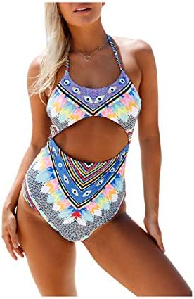 Women's Block Print Multi-Colored All Over Print Peek-a-Boo Maillot Monokini Swimwear Swimsuits for Women